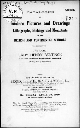 Catalogue of Modern Pictures and Drawings, Lithographs, Etchings and Mezzotints of the British and Continental Schools [...] : [vente du 19 avril 1940]