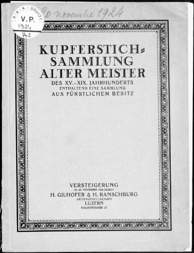 Kupferstichsammlung alter Meister des XV.-XIX. Jahrhunderts [...] : [vente du 18 au 20 novembre 1924]