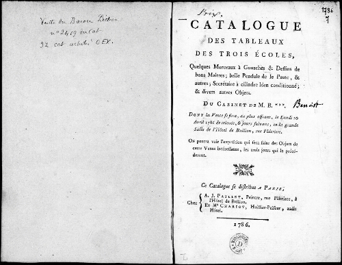 Catalogue des tableaux des trois écoles [...] : [vente du 10 avril 1786]