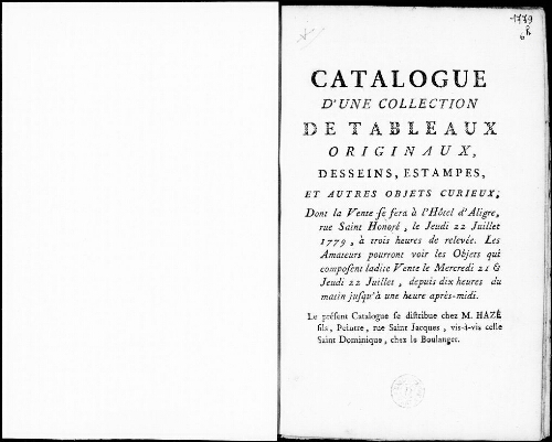 Catalogue d’une collection de tableaux originaux, dessins, estampes, et autres objets curieux [...] : [vente du 22 juillet 1779]