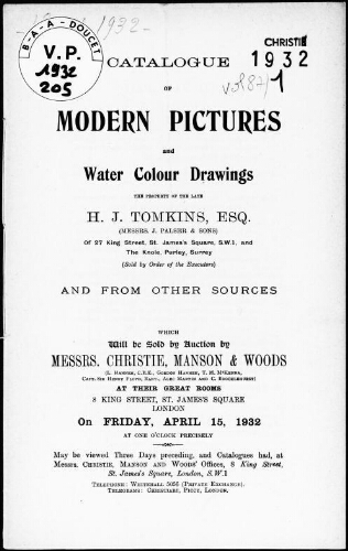 Catalogue of modern pictures and water colour drawings, the property of the late H. J. Tomkins, Esq. [...] : [vente du 15 avril 1932]