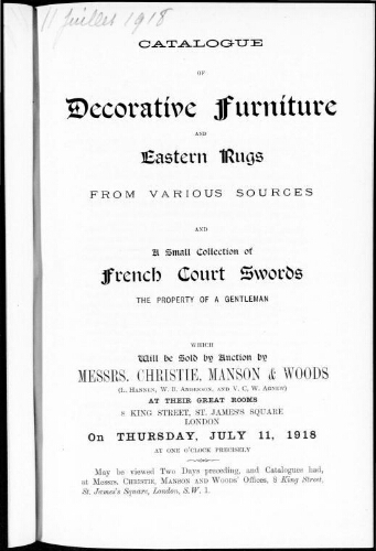 Catalogue of decorative furniture and Eastern rugs […] : [vente du 11 juillet 1918]