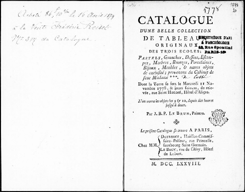 Catalogue d'une belle collection de tableaux originaux des trois écoles, pastels, gouaches, dessins, estampes, marbres [...] : [vente du 11 novembre 1778]