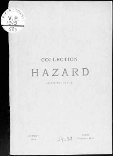 Catalogue des tableaux modernes [...] composant la collection de M. Hazard (quatrième partie) [...] : [vente des 29 et 30 décembre 1919]