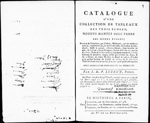 Catalogue d'une collection de tableaux des trois écoles, dessins montés sous verre [...] : [vente du 14 mars 1797]