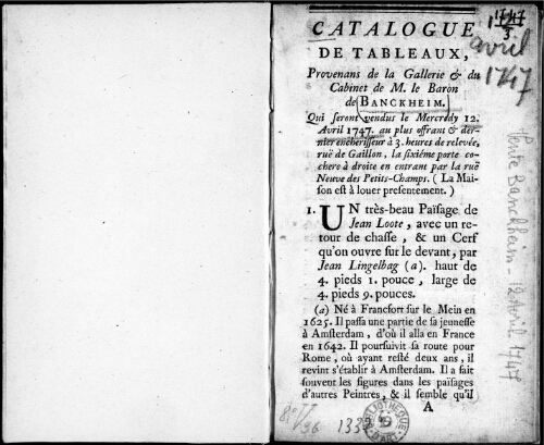 Catalogue de tableaux provenans de la gallerie et du cabinet de M. le Baron de Banckheim [...] : [vente du 12 avril 1747]