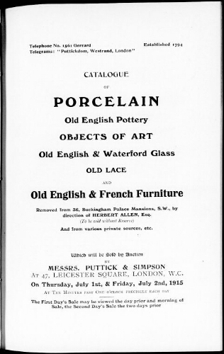 Catalogue of porcelain […] : [vente des 1er et 2 juillet 1915]