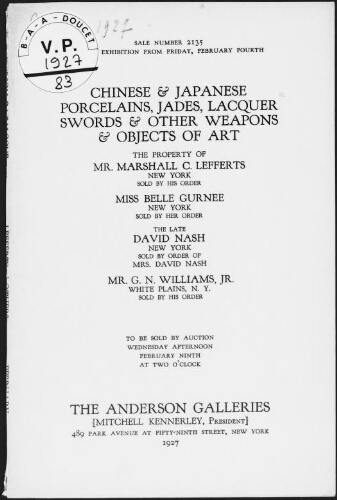 Chinese and Japanese porcelains, jades [...], the property of Mr. Marshall C. Lefferts [...] : [vente du 9 février 1927]