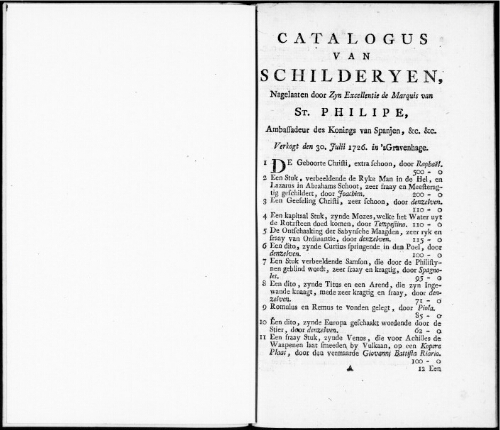 Catalogus van Schilderyen Nagelaaten door Zyn Excellentie de Marquis van St. Philipe [...] : [vente du 30 juillet 1726]