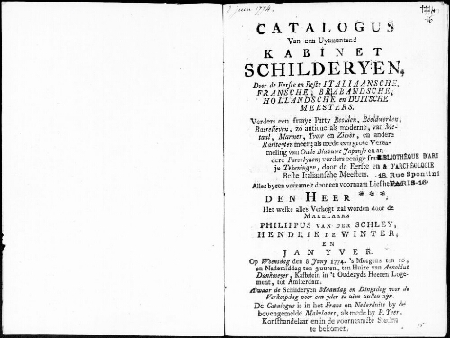 Catalogus van een uytmuntend kabinet Schilderyen, door de erste en beste Italiaansche, Fransche, Bradandsche, Hollandsche en Duistche meesters [...] : [vente du 8 juin 1774]