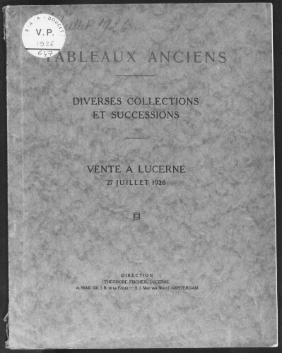 Tableaux anciens, diverses collections et successions : [vente du 27 juillet 1926]