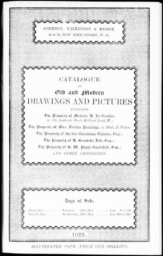 Catalogue of old and modern drawings and pictures, including the property of Madame H. Le Coultre [...] : [vente des 29 et 30 mai 1923]
