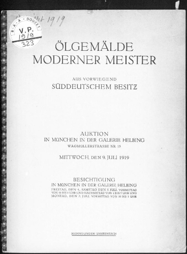 Ölgemälde moderner Meister […] : [vente du 9 juillet 1919]