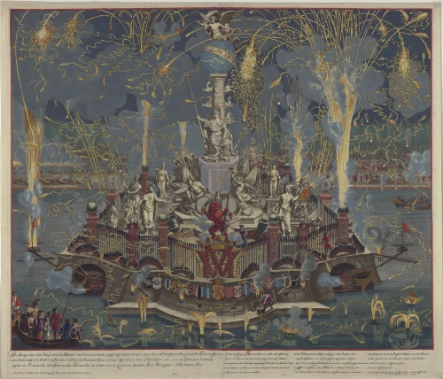 Afbeelding van het vúúrwerk Theater en Ornamenten opgeregt door Ordre van haar Edele Groot Mogende de Heerenstaten van Hollandt en West Vrieslandt inde Vÿver binnen s' Gravenhage Afgestoken den 13 december 1702 [...]