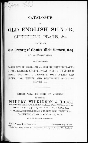 Catalogue of old English silver, Sheffield plate, etc., comprising the property of Charles Weld Blundell, Esq. [...] : [vente du 21 juin 1923]