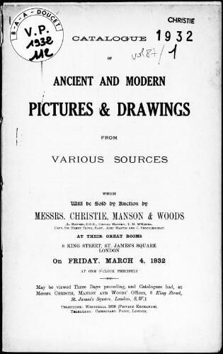 Catalogue of ancient and modern pictures and drawings from various sources : [vente du 4 mars 1932]
