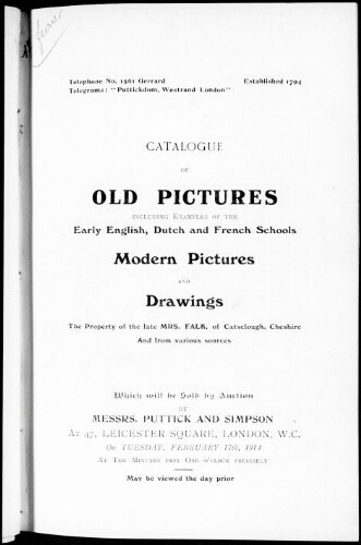 Catalogue of old pictures including examples of the early English, Dutch and French schools [...] : [vente du 17 février 1914]