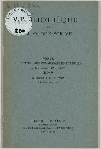 Bibliothèque de M. Olivié Scrive : [vente du 4 juin 1942]