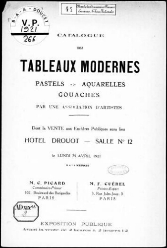 Catalogue des tableaux modernes, pastels, aquarelles, gouaches par une association d'artistes : [vente du 25 avril 1921]
