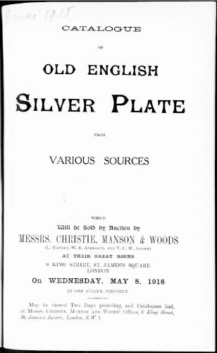 Catalogue of old English silver plate […] : [vente du 8 mai 1918]