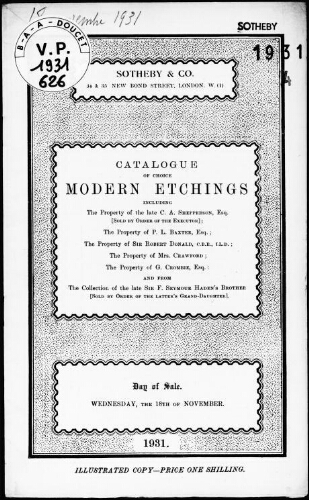 Catalogue of choice modern etchings, including the property of the late C. A. Shepperson, Esquire [...] : [vente du 18 novembre 1931]