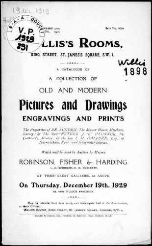Catalogue of a collection of old and modern pictures and drawings, engravings and prints, the properties of Dr. Sugen […] : [vente du 19 décembre 1929]