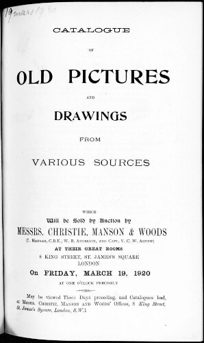 Catalogue of old pictures and drawings [...] : [vente du 19 mars 1920]