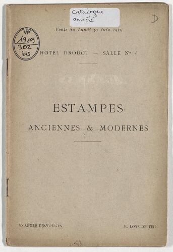 Catalogue des estampes anciennes et modernes [...] : [vente du 30 juin 1919]