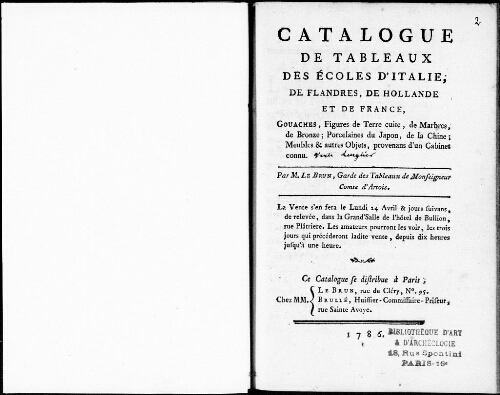 Catalogue de tableaux des écoles d'Italie, de Flandres, de Hollande et de France [...] : [vente du 24 avril 1786]
