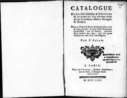 Catalogue d'une belle collection de dessins et estampes d'un très-beau choix de tous les maîtres étrangers et français [...] : [vente du 4 février 1762]