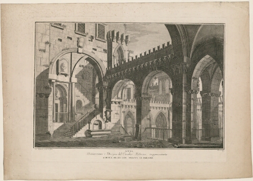Scena d'invenzione e disegno del cavalier Bibiena rappresentante Cortile regio con veduta di prigione