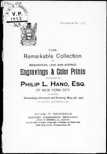 Remarkable collection of mezzotinto, line and stipple, engravings and color prints, belonging to Philip L. Hano, Esq. [...] : [vente du 9 mai 1923]