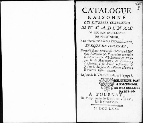 Catalogue raisonné des diverses curiosités du cabinet de feu son excellence Monseigneur le Comte de Salm Reifferscheid [...] : [vente du 12 juin 1771]