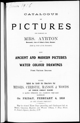 Catalogue of pictures […] : [vente du 4 février 1916]