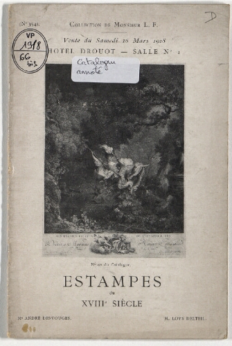 Catalogue des estampes du XVIIIe siècle […] : [vente du 16 mars 1918]