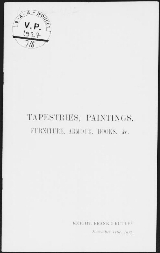 Tapestries, paintings, furniture, armour, books, etc. : [vente du 11 novembre 1927]