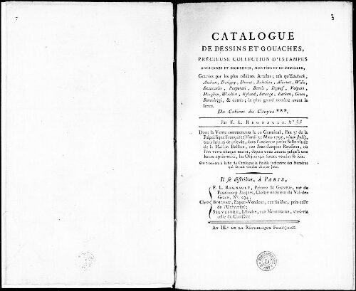 Catalogue de dessins et gouaches, précieuse collection d’estampes anciennes et modernes, montées et en feuilles [...] : [vente du 31 mars 1795]