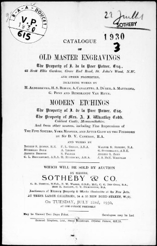 Old master engravings, the property of J. de la Poer Power, Esquire, [...] modern etchings [...] : [vente du 22 juillet 1930]