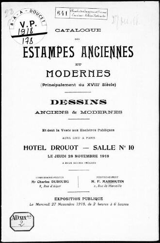 Catalogue des estampes anciennes et modernes (principalement du XVIIIe siècle) [...] : [vente du 28 novembre 1918]