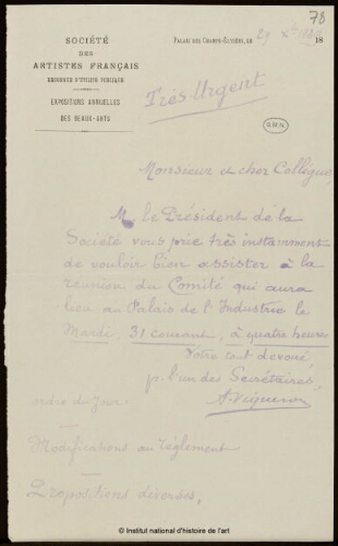 Lettre d'A. Viqueron à Jean-Louis-Ernest Meissonier, 29 décembre 1889