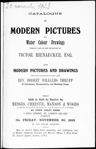 Catalogue of modern pictures and water colour drawings forming part of the collection of Victor Rienaecker, Esq. [...] :  [vente du 30 novembre 1923]