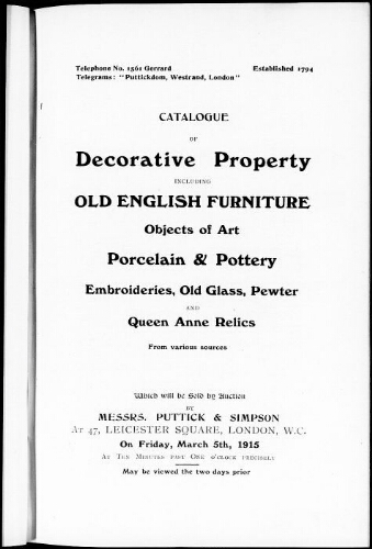Catalogue of decorative property including old English furniture […] : [vente du 5 mars 1915]
