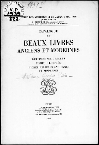 Catalogue de beaux livres anciens et modernes […] : [vente du 3 mai 1939]