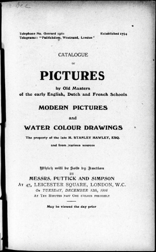 Catalogue of pictures by old masters of the early English, Dutch and French schools […] : [vente du 12 décembre 1916]