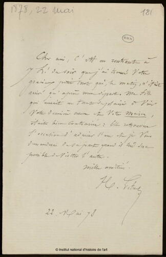 Lettre à Jean-Louis-Ernest Meissonier, 22 mai 1878
