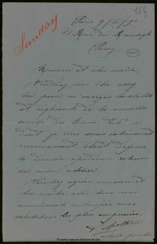 Lettre à Jean-Louis-Ernest Meissonier, 9 novembre 1890