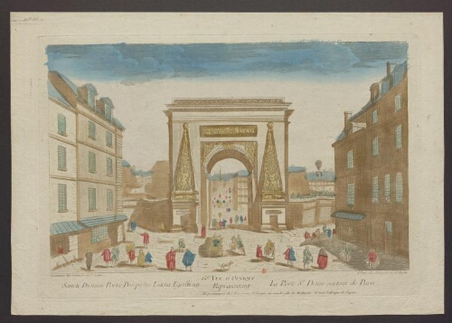 68ème vue d'optique représentant la porte Saint Denis sortant de Paris = Sancti Dionisii Portæ Prospectus Lutetia Egredienti