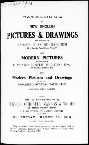 Catalogue of new English pictures and drawings […] : [vente du 10 mars 1916]
