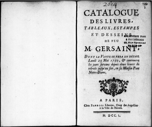 Catalogue des livres, tableaux, estampes et dessins de feu M. Gersaint [...] : [vente du 25 mai 1750]