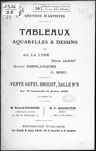 Réunion d'artistes ; Tableaux, aquarelles et dessins [...] : [vente du 9 juin 1916]
